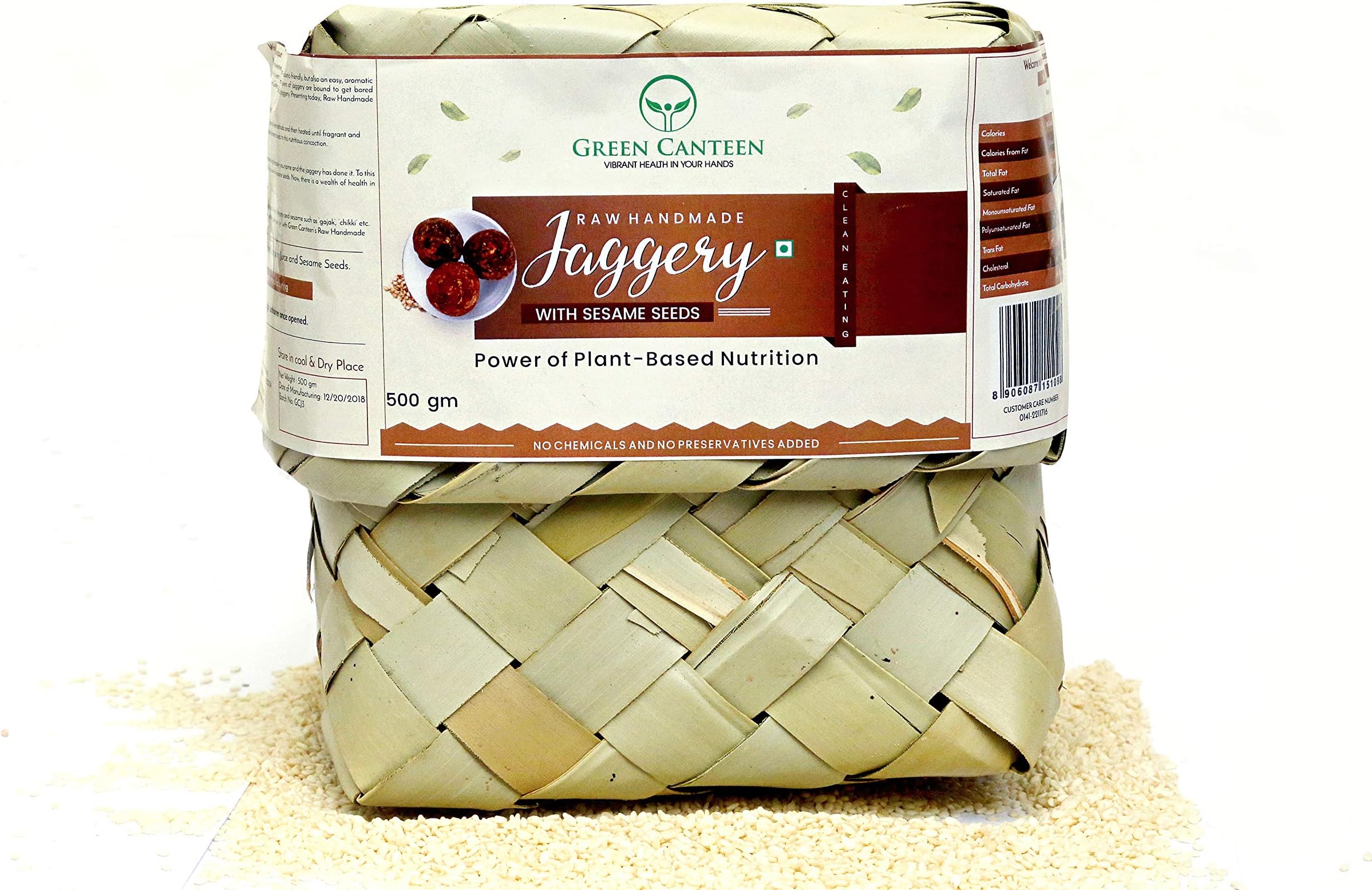 Green Canteen Raw Handmade Jaggery with Sesame Seeds, Vegan, Gluten Free, No Added Sugar, No Impurities, No Added Colour, No Added Preservatives