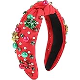 Gmmidea Christmas Jeweled Headbands for Women Girls Christmas Outfits Accessories Xmas Bow Rhinestone Pearl Knotted Headband Red Green Wide Top Knot Hairband Fancy Holiday Gifts