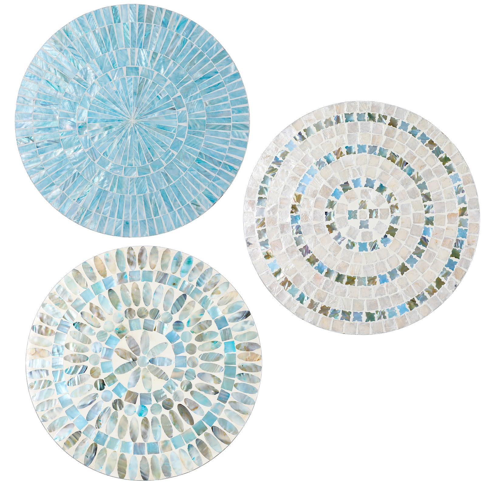 Photo 1 of Tioncy 3 Pcs 11.8 Inches Spring Summer Blue Mother of Pearl Shell Plate Coastal Wall Art Mosaic Wall Sculpture Shell Handmade Hanging Plates Arts for Bedroom Bathroom Home Office Hotel