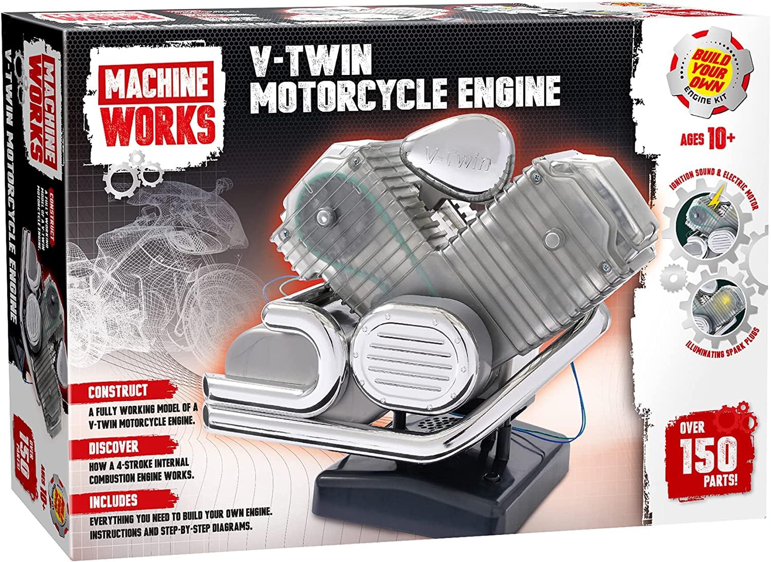 Machine Works Bulld Your Own V-Twin Motorcycle Engine Toy - Replica Model Building Kit - Features Sounds and Illumination, 150+ Pieces, 10+ Years
