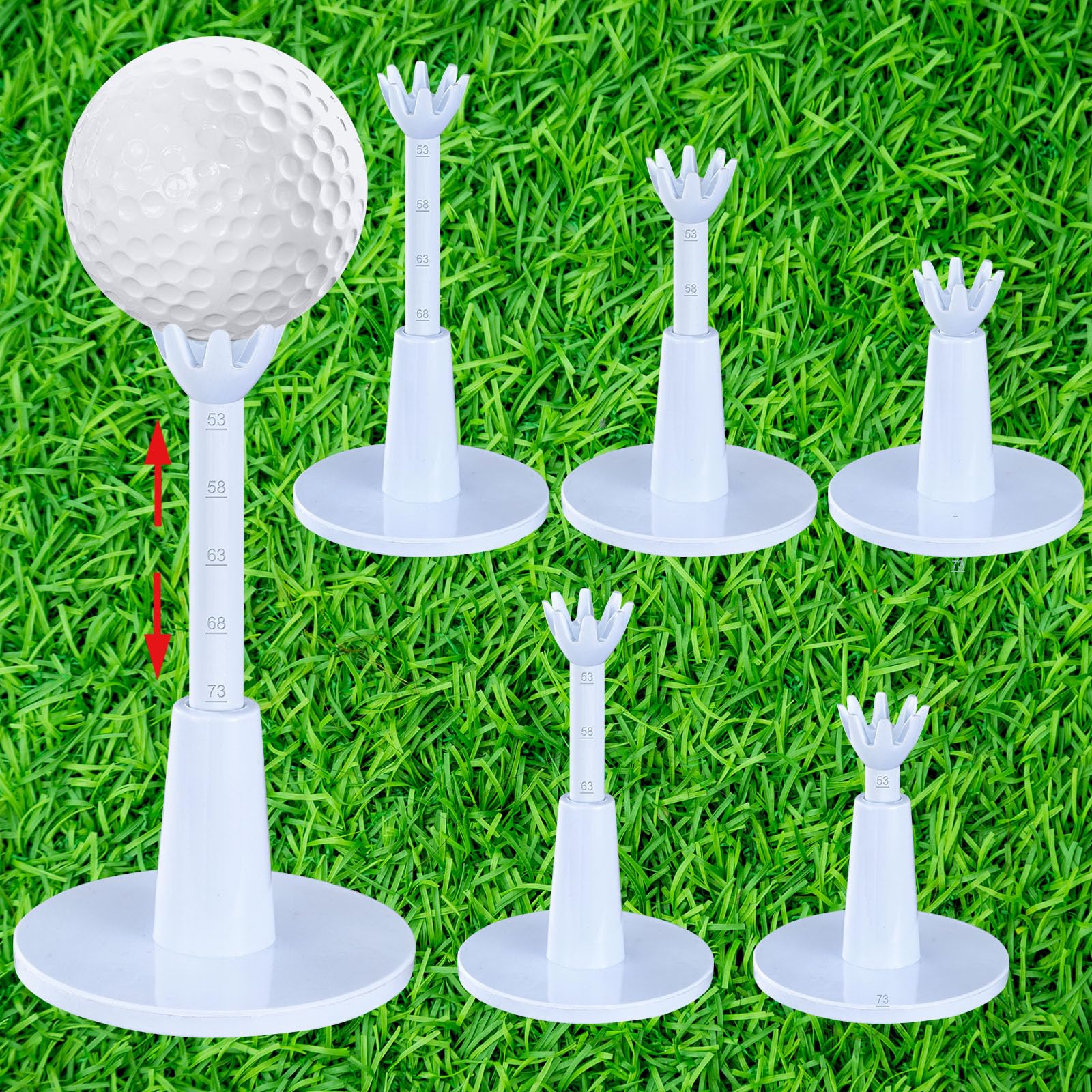 Photo 1 of JellyArch 6 Pieces Adjustable Golf Tees Set for Driving Range Mats Simulator 2.1-2.9 Inches Height Range Tees Rubber Plastic Unbreakable Golf Accessories for Indoor Outdoors, White