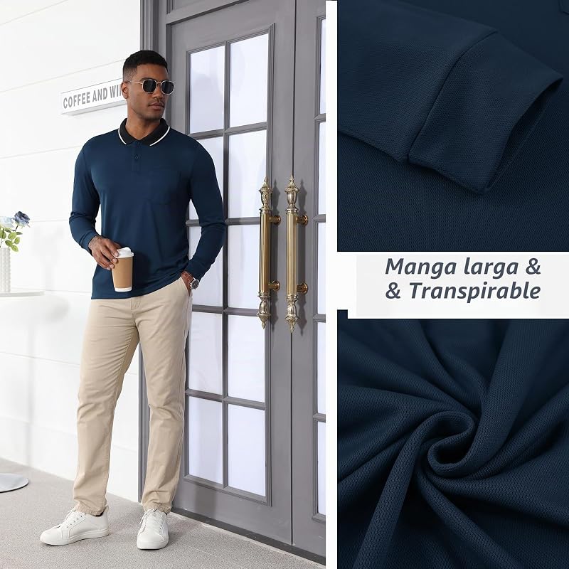 Polo para Hombre Polo Manga Larga Camiseta de Golf Trabajo Transpirable T Shirt con Bolsillo Primavera Otoño Camisetas de Senderismo Pesca,Azul Marino,M