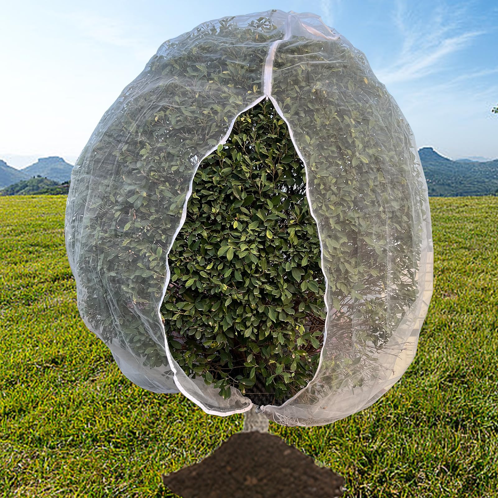 Photo 1 of BKDMZZMY Fruit Tree Netting, 10x10FT Large Garden Netting with Drawstring and Zipper Plant Cover Net Bag Row Cover Barrier Protection Net for Bird, Garden Mesh for Tree Flower Fruit (1 Pack)