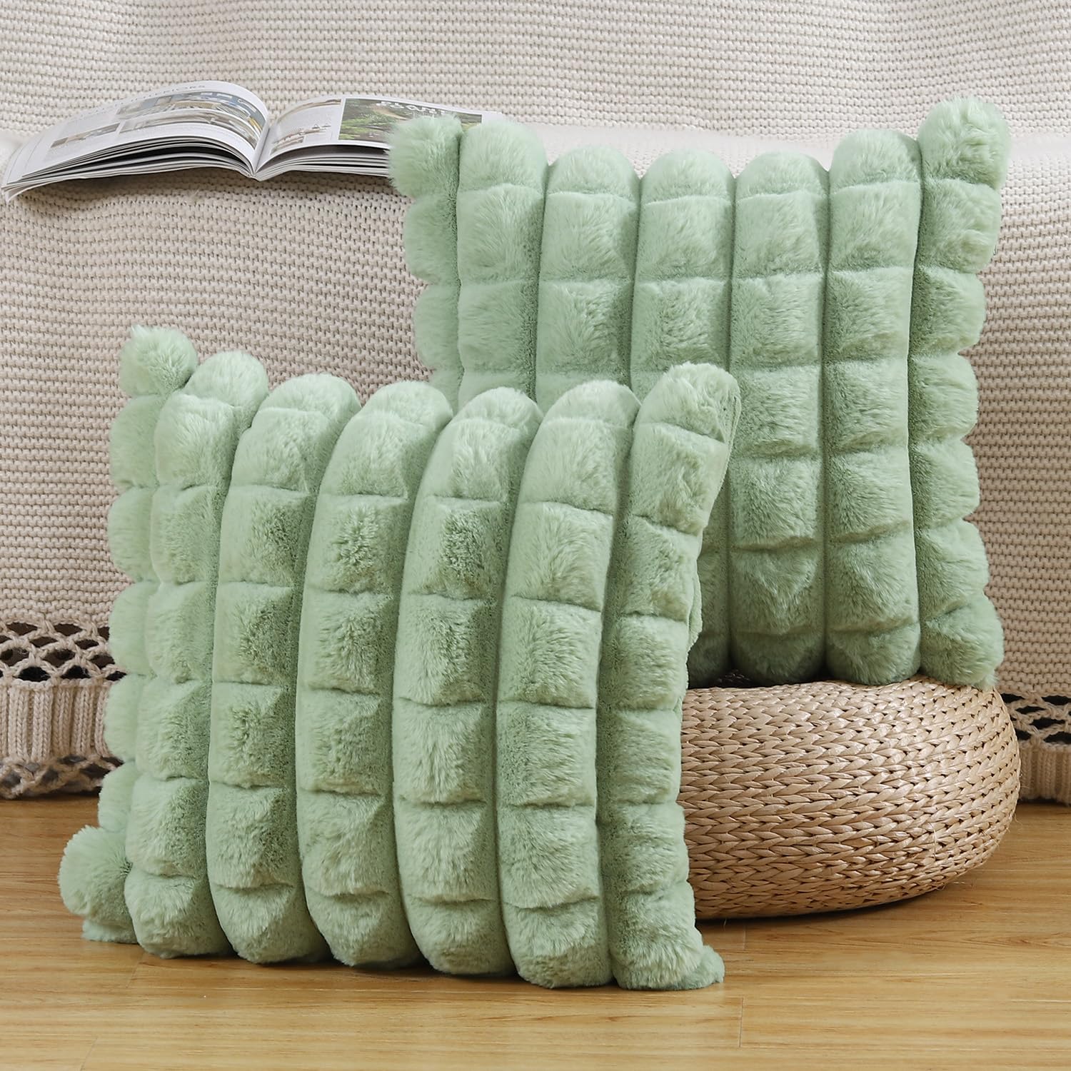 Madizz Faux Wool Green Cushion Covers 24x24 inch, 60x60 cm, Set of 2 Super Soft Boho Throw Pillow Covers Decorative Textured Throw Pillows for Sofa Bedroom