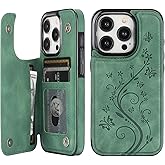Vaburs Compatible with iPhone 15 Pro Case Wallet with Card Holder,Embossed Butterfly Pattern PU Leather Double Buttons Flip Protective Shockproof Cover for Magnetic Car Mount 6.1 Inch (Dark Green)