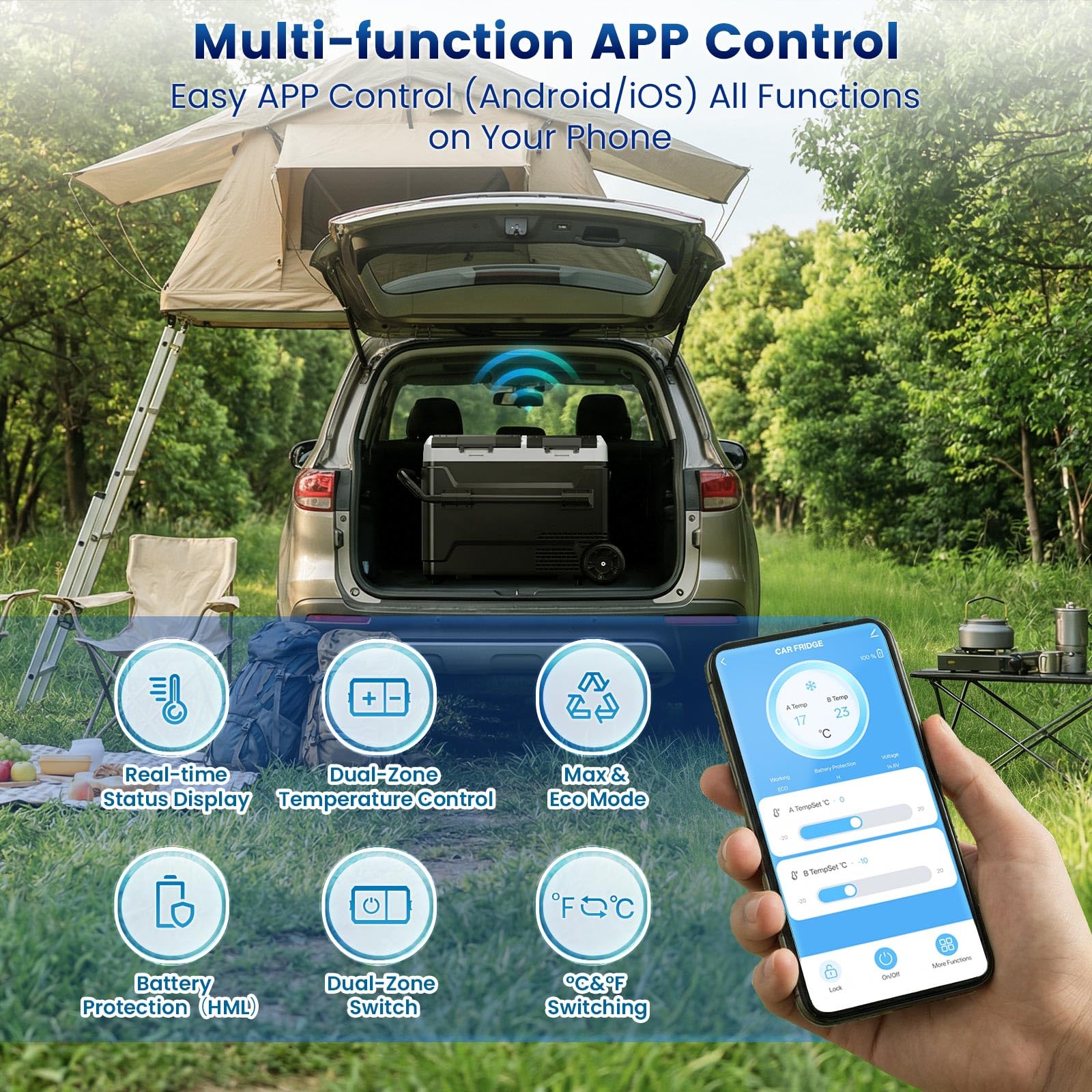 KROAK 50L Kompressor-Kühlbox mit Bluetooth-App, 2 unabhängige Temperaturzonen (-20°C bis +20°C), 12V/24V/230V – inkl. Rollen & Trennwand, leiser Betrieb (45 dB) – ideal für Auto, Caravan, Camping 5