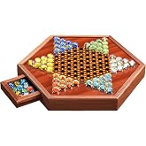 14.2" Wooden Chinese Checkers Board Game with Storage Drawer, 6-Player | 72 Colorful Glass Marbles &ndash; 16mm Size For Easy Grasping, Marble Strategy Game, Classic Family Board Game For Kids &amp; Adults