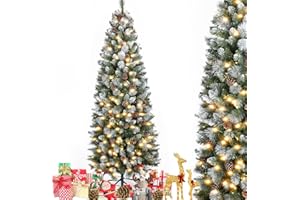 iCapeson 6FT Pre-Lit Christmas Tree, Artificial White Spraying Snow Flocked Pencil Holiday Decoration with 250 Warm LED Light & 37 Pine Cone, Metal Stand, 595 Tips for Indoor and Outdoor Use, Green