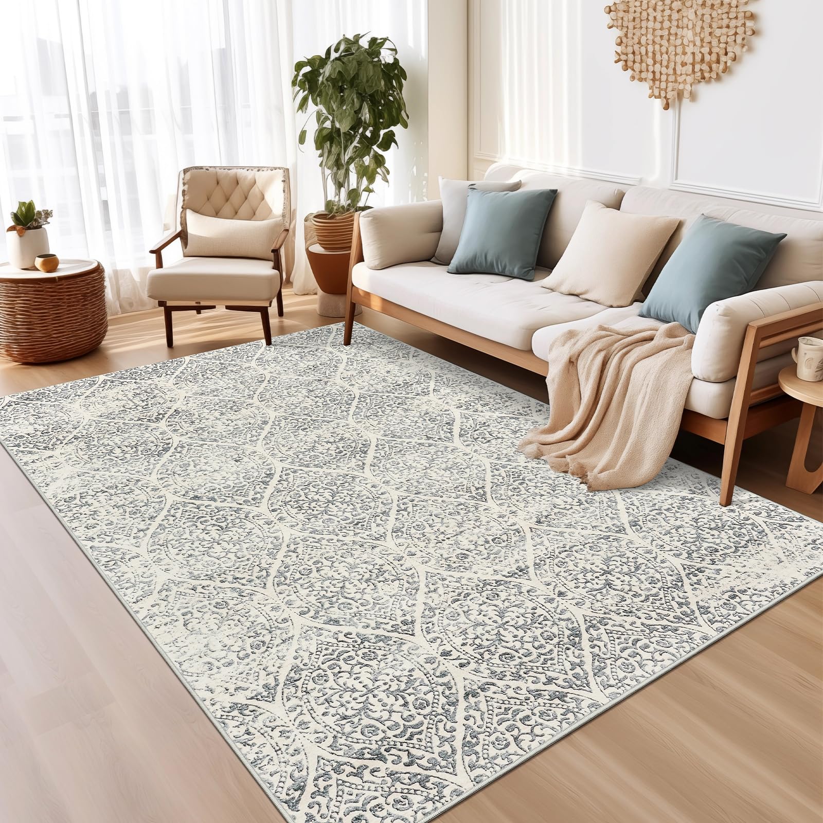 Photo 1 of Soalmost 6x9 Area Rugs for Living Room, Stain Resistant Neutral Washable Rugs for Dining Room, Floral Vintage Non-Slip Thin Area Rug Farmhouse Rug Light Grey