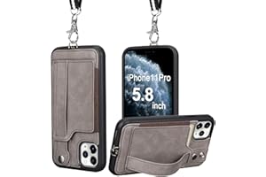 TOOVREN iPhone 11 Pro Case, iPhone 11 Pro Wallet Lanyard Neck Strap with Kickstand Leather Card Holder Adjustable Detachable Necklace, Phone Protective Back Cover for iPhone 11 Pro 5.8" 2019 Gray