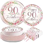 200Pcs 90th Birthday Party Decorations for Women Rose Gold Floral 90th Birthday Plates and Napkins Tableware Sets 90 and Fabulous Party Supplies for 90 Years Old Birthday Party Favors Serves 50