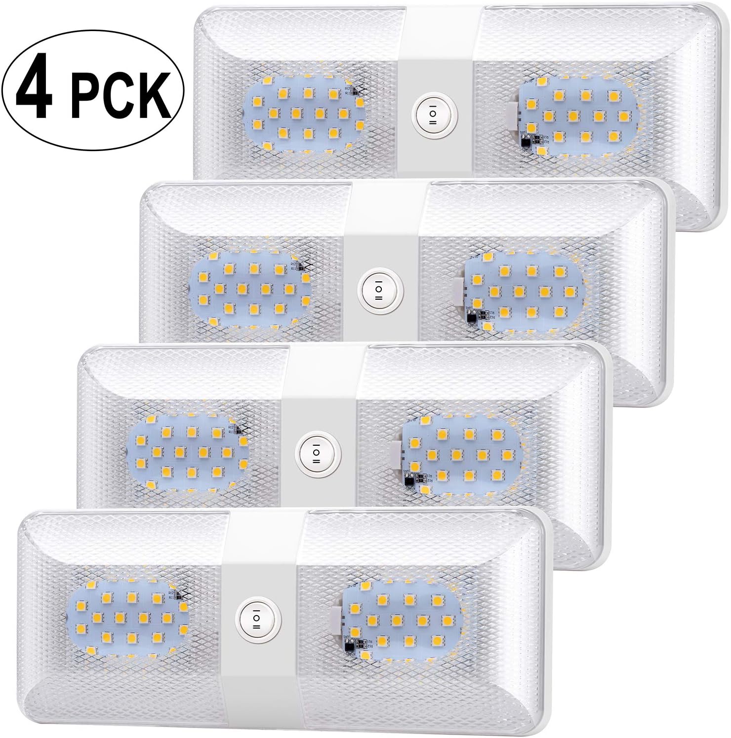 BraveKoi LED RV Light,4 Pack 600LM DC 11-18V Interior Lighting Ceiling Dome Light with On/Off Switch for Camper RV Trailer Boat (White)