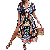 Floerns Women's Plus Size Tribal Print Dolman Sleeve Slit Summer Maxi A Line Dress