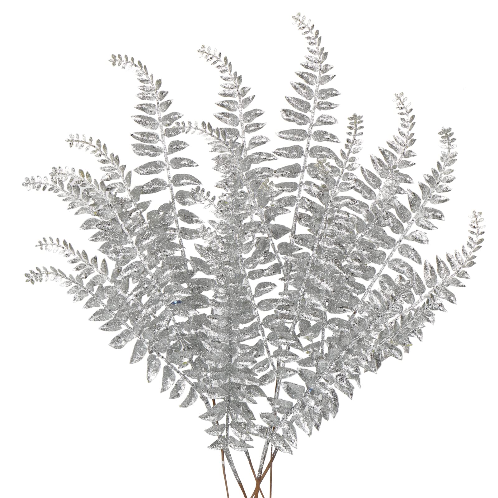 6PCS Christmas Glitter Leaves 63cm Artificial Boston Fern Silver Glitter Leaf Floral Picks Christmas Tree Decorations Artificial Leaves Stem for Xmas Tree Ornaments New Year Flower Arrangment