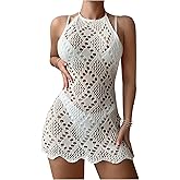 OYOANGLE Women's Crochet Halter Cover Up Dress Hollow Out Backless Sleeveless Bikini Coverups