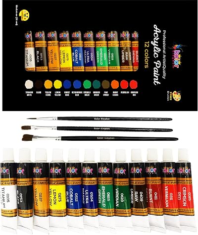KOLOR KINGDOM 12 Colour Acrylic Paint Set with 3 Brushes