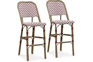 PURPLE LEAF French Bar Stool Set of 2 Outdoor Bar Patio Kitchen Counter Aluminum Frame Chair with Bamboo Print Finish Patio Bar Height Stool, Red