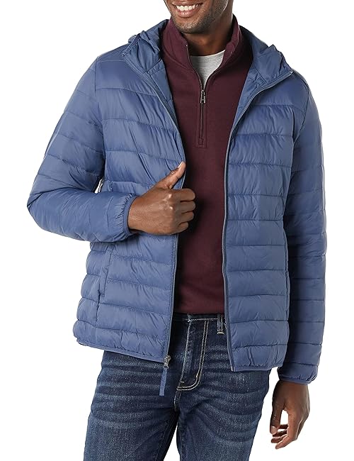 Amazon Essentials Men's Lightweight Water-Resistant Packable Hooded Puffer Jacket, Indigo, X-Large