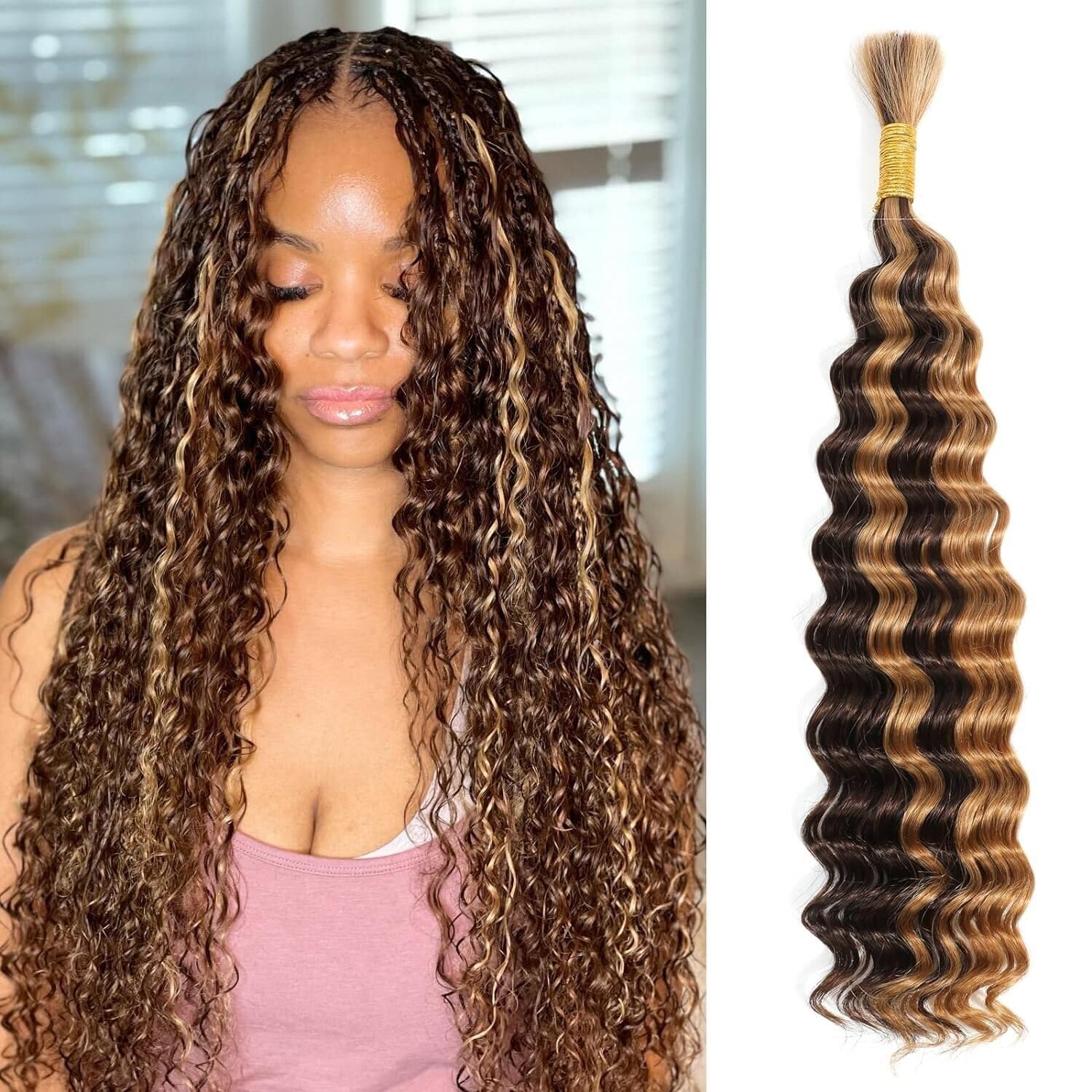 Datanala Ombre Human Braiding Hair 18Inch Deep Wave Bulk Human Hair for Braiding 1Bundle/50g Brazilian 100% Unprocessed Virgin Wet and Wavy Human Hair Extensions for Boho Braids (4/27#, 18inch-50g) — image 1