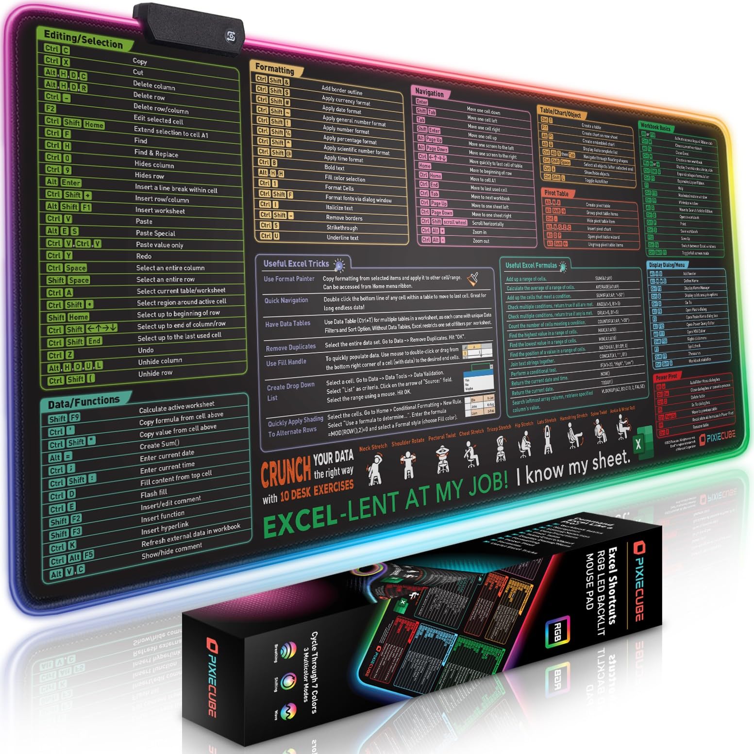 Photo 1 of Excel Shortcut Keys LED Mouse Pad - Colorful RGB Luminous Extended Large Cheat Sheet Gaming Mousepad| PC Office Spreadsheet Keyboard Mat| Non-Slip Stitched Edge