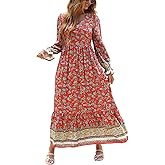 PRETTYGARDEN Long Sleeve Maxi Dress for Women V Neck Casual Button Down Boho Long Floral Dresses