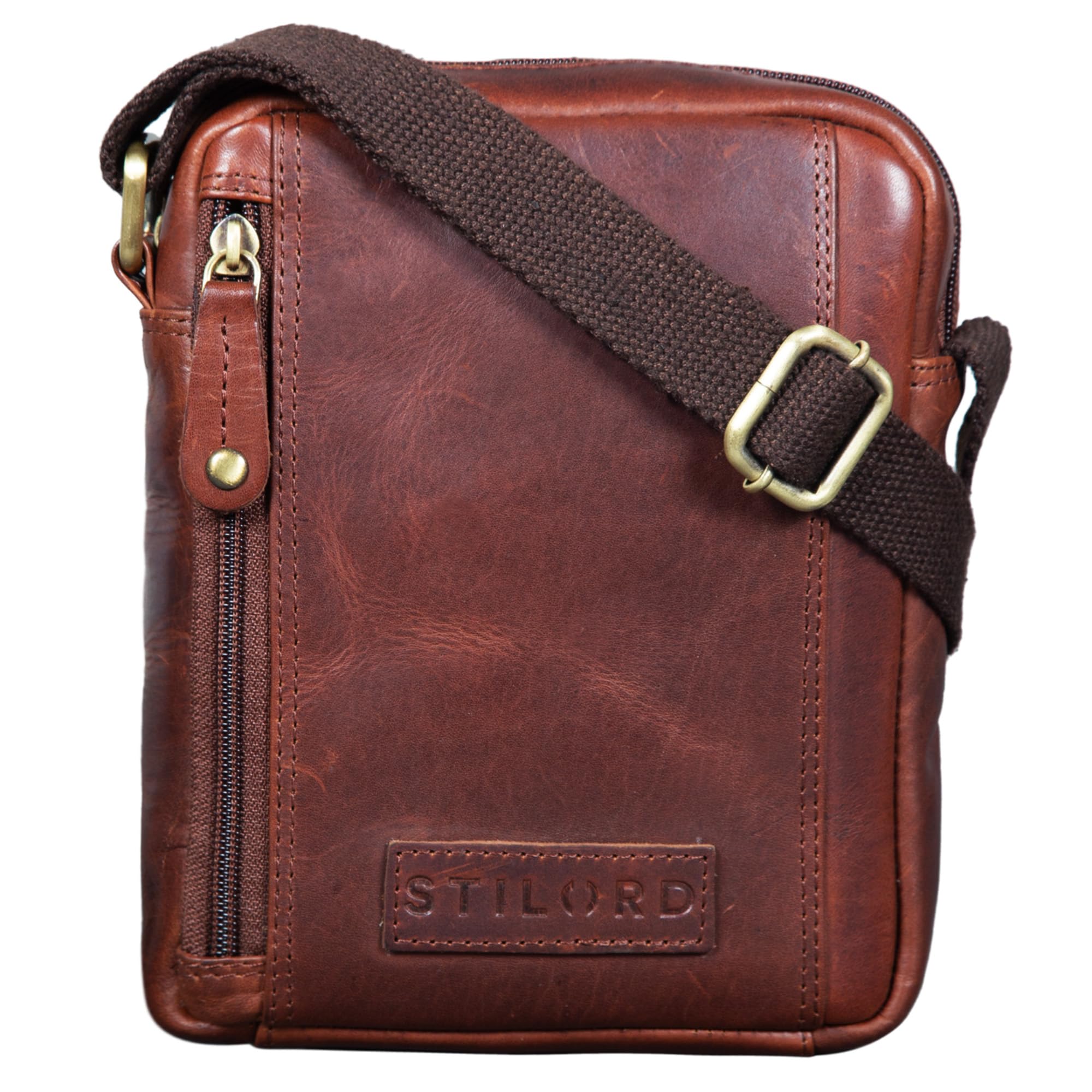 STILORD "Brandon" Man Purse Leather Small Shoulder Messenger Bag Handbag for Men Vintage Cross Body-Bag for 7 inch Tablets Satchel Genuine Leather Colour:Porto - Cognac