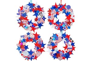 Winlyn 12 Sets 4th of July Craft Kits Patriotic Crafts DIY Patriotic Wreath Signs Ornaments Decorations Art Sets Red White Blue Star USA Flag Pinwheel Foam Stickers Arts and Crafts for Kids Activities