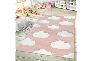 PACO HOME Modern Kids Rug with Clouds in Pink Pastel for Nursery, Size: 6'7" x 9'6"