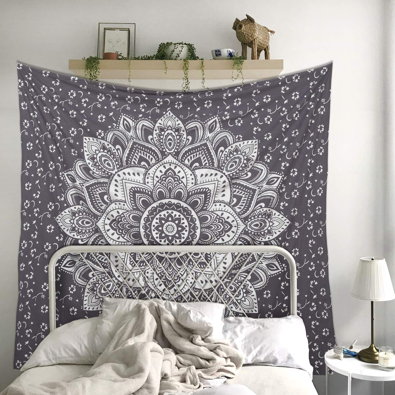Madhu International Mandala Tapestry Psychedelic Floral Medallion Hippie King Tapestries Bohemian Wall Hanging Indian Traditional Design For Living Room Dorm Home Decor 90x108 Inches, Grey Silver