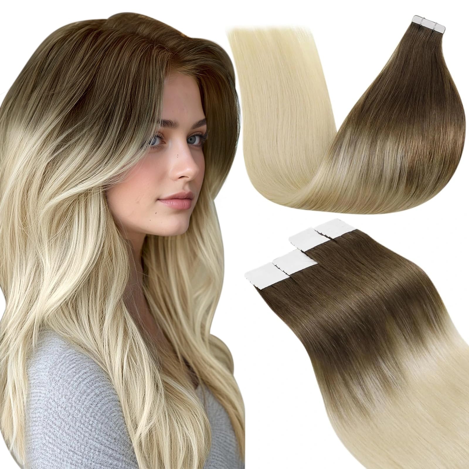 LaaVoo Brown Roots Hair Extensions Tape in Human Hair Light Brown Ombre to Light Blonde Balayage Real Tape in Blonde Hair Extensions Human Hair Extensions Tape in 1.5g/pc 20pcs/30g 12inch