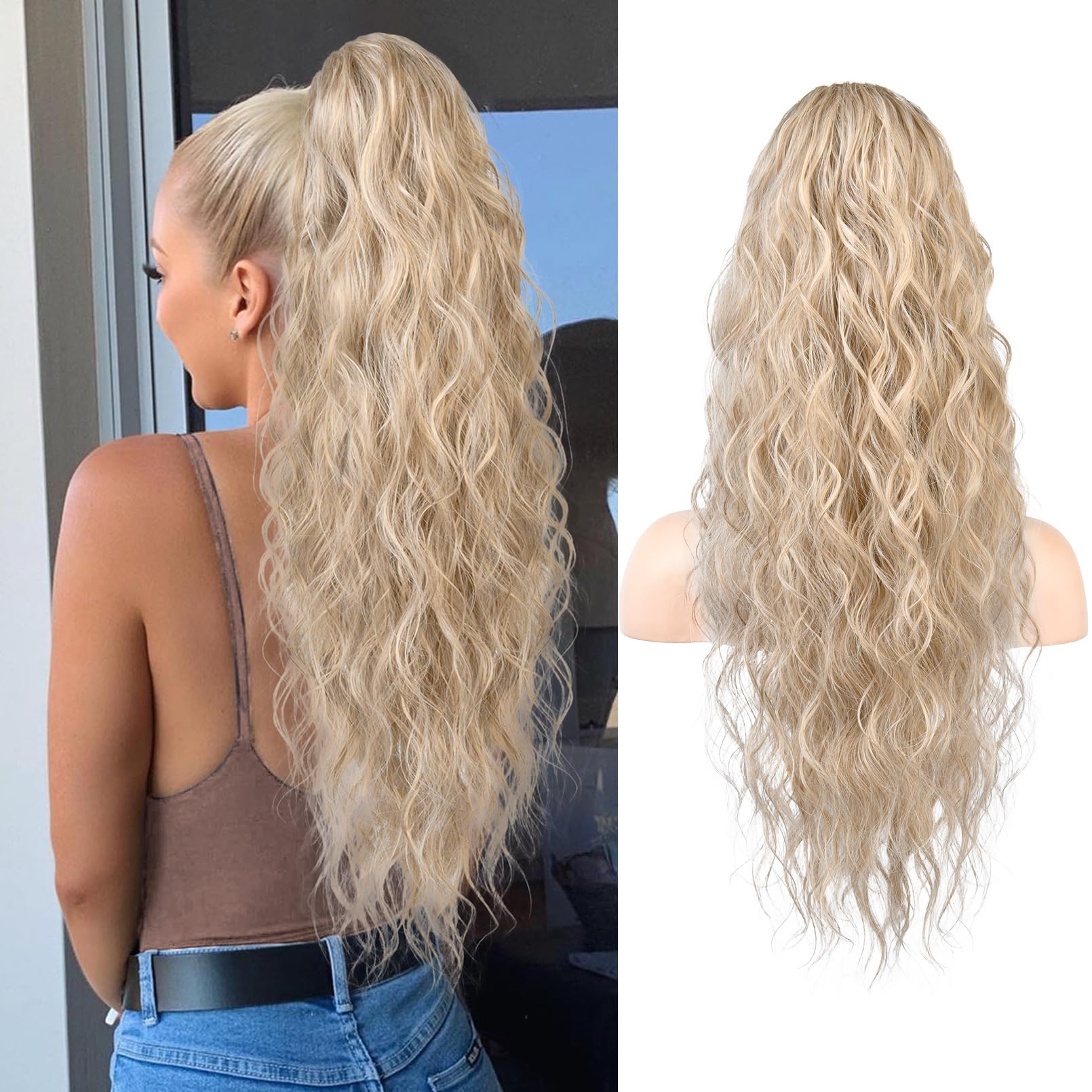 REECHO Ponytail Extension, 26" Long Beach Wave Drawstring Pony Hair Extension Synthetic Pony Tail Hairpiece for Women - Medium Blonde