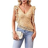 MakeMeChic Women's Mesh Paisley Print V Neck Tank Ruffle Sleeve Asymmetrical Backless Tiered Tops