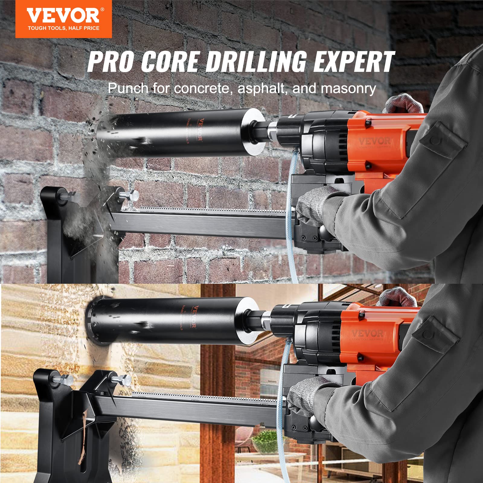 VEVOR Diamond Core Drilling Machine, 10in Wet Concrete Core Drill Rig with Stand Wheels, 750RPM Speed & 1-1/4
