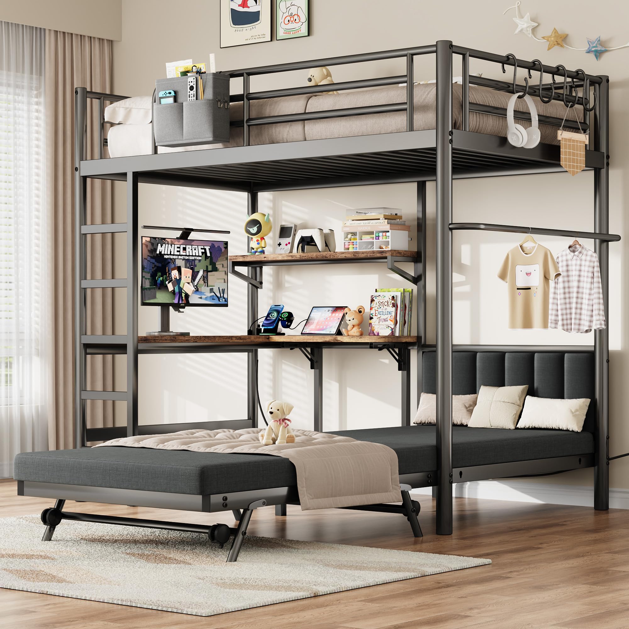Photo 1 of *ONLY BOX 2 OF 2** 
Jocoevol Twin Loft Bed with Mattress, Dual-Access Bed, Pull-Out Folding Bed & Desk, Heavy Duty Metal Bunk Bed Frame with Safety Guardrails, Charging Station & Adjustable Shelves (Dark Black)