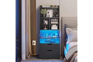 BTHFST Tall Nightstand with LED Lights and Charging Station, LED Black Nightstand with Shelves and 2 Drawers, Bedside Table with Bookshelf, Tall Side End Table with Storage