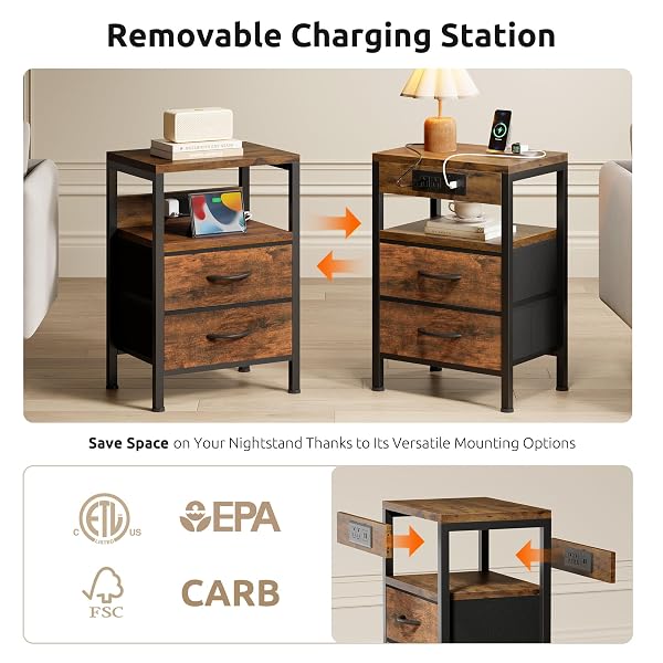 LAZZANTO NIGHTSTAND BEDSIDE CHARGING TABLE BEDROOM – BROWN NIGHT STAND WITH CHARGER STATION, MODERN BED SIDE END TABLE WITH OPEN SHELF & 2 FABRIC DRAWERS, USB-C PORT FOR DORM, LIVING ROOM