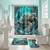 JPSBJWJ Sea Turtle Shower Curtains - 4 Pcs Kids Shower Curtain Set Ocean Themed Shower Curtain Turtle Shower Curtains for Bathroom Turtle Bathroom Accessories with Rug,and Bath Mat with 12 Hooks