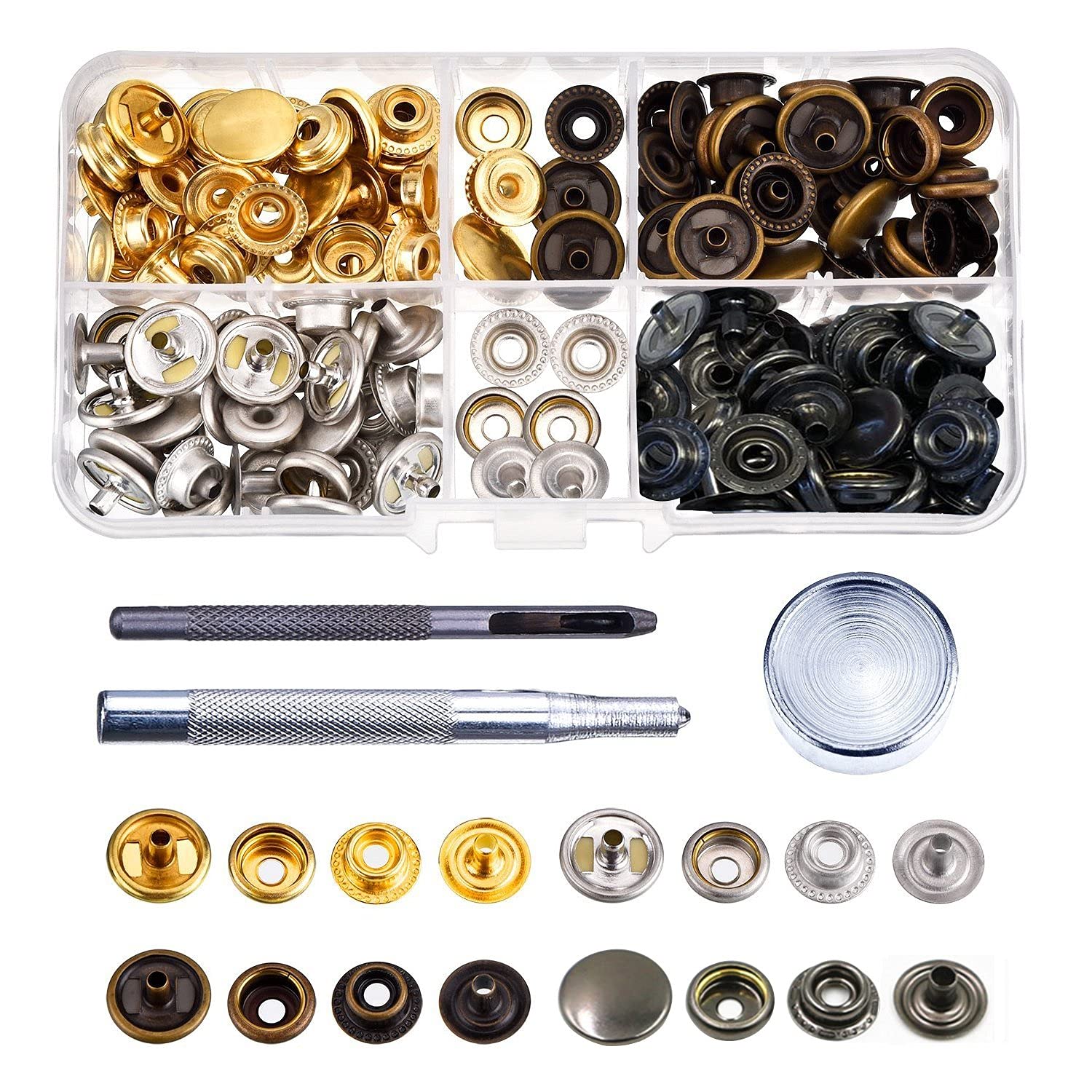 Trimming Shop 200pcs Snap Fasteners Kit, Press Studs No-Sew Metal Snaps Buttons Set with Fixing Tools for Sewing Clothing Leather Jacket Repair DIY Crafts, 12mm & 15mm (25pcs of Each Colour)