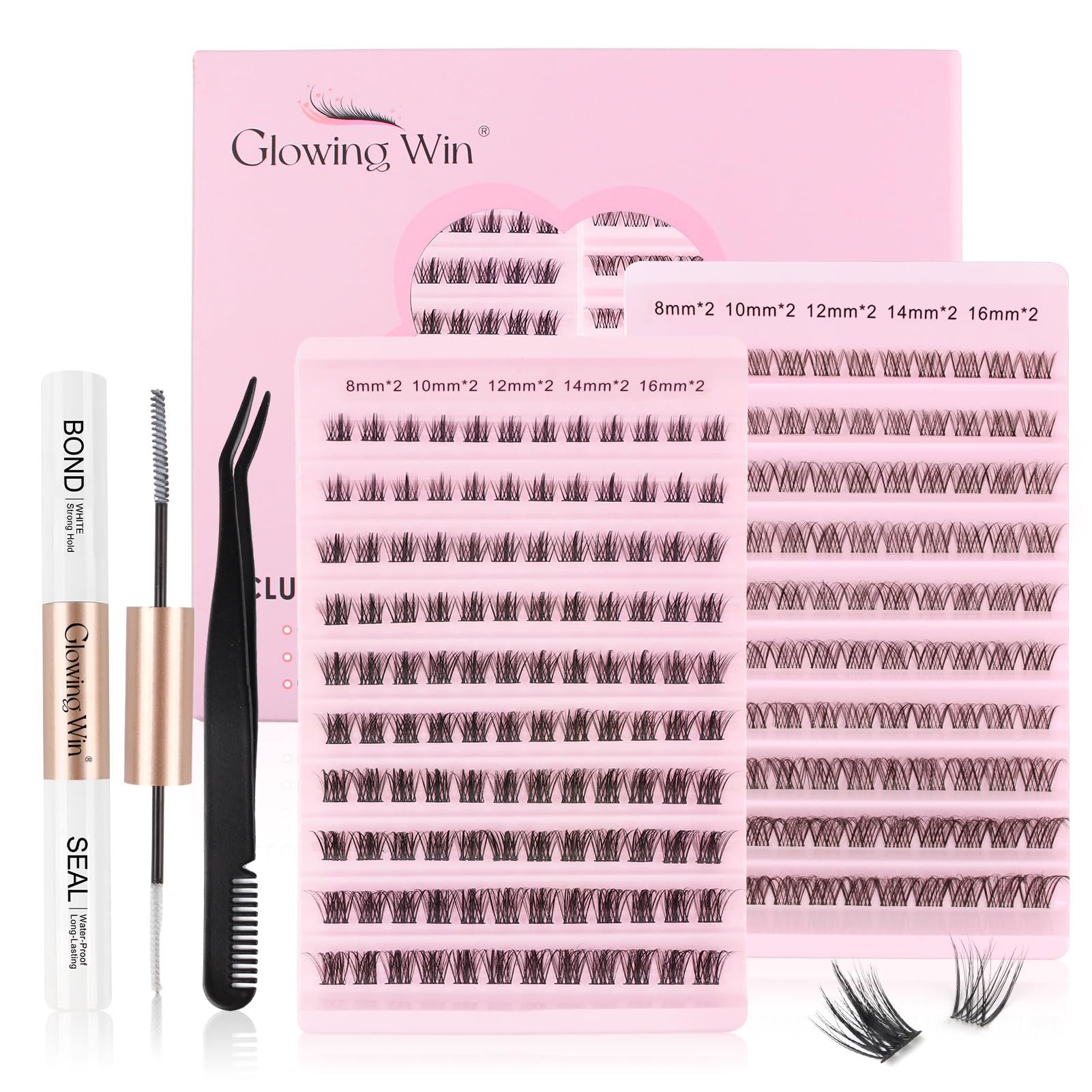 Glowing Win Individual Lash Extension Set Cluster Lashes Kit with Lash Bond&Seal and Applicator Reusable Individual Eyelashes Mix 2 Packs Mix8-16mm