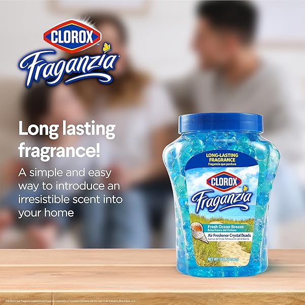 CLOROX FRAGANZIA CRYSTAL BEADS AIR FRESHENER, LONG LASTING ROOM DEODORIZER AND ODOR ELIMINATOR GEL BEADS TO FRESHEN HOME, CAR, OR OFFICE, FRESH OCEAN BREEZE SCENT, 12 FL OZ