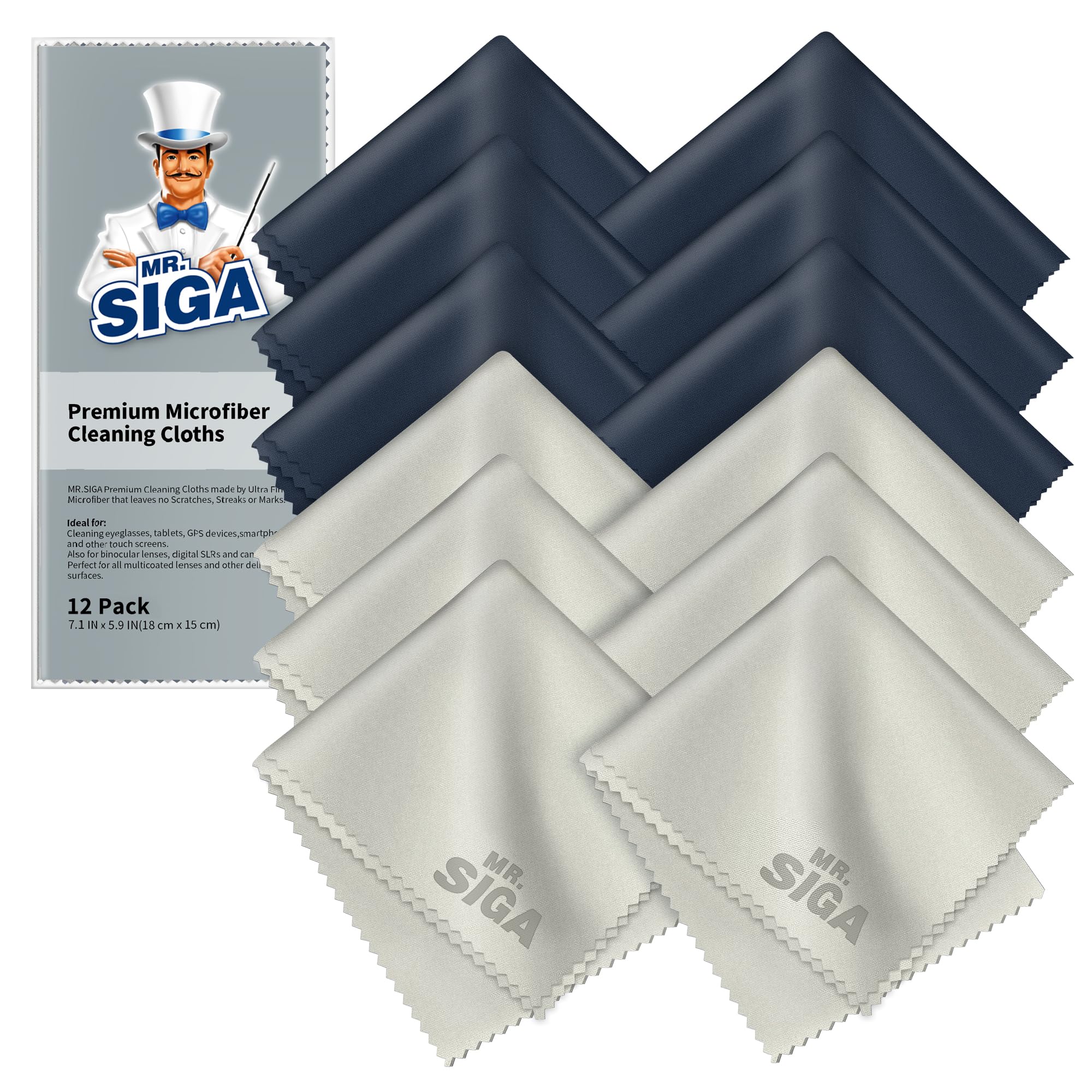 MR.SIGA Premium Microfibre Cleaning Cloths for Lens, Eyeglasses, Screens, Tablets, Glasses, 12 Pack, 6 x 7 inches (15 x 18 cm), Navy/Gray