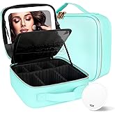 MOMIRA Travel Makeup Bag Cosmetic Bag Makeup Organizer Bag with Lighted Mirror, Adjustable Brightness in 3 Color Scenarios, Waterproof Makeup Train Case, Gift for Women - Aqua Blue