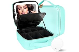 MOMIRA Travel Makeup Bag Cosmetic Bag Makeup Organizer Bag with Lighted Mirror, Adjustable Brightness in 3 Color Scenarios, Waterproof Makeup Train Case, Gift for Women - Aqua Blue