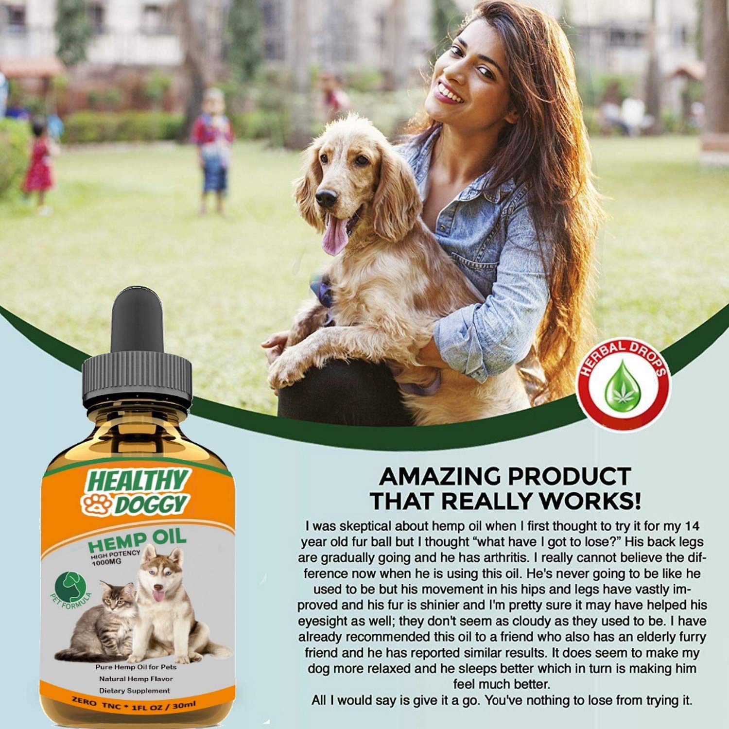 Hemp Oil For Dogs and Cats Natural Full Spectrum Hemp Extract for Pets - Anti-Anxiety Pain Relief - Supports Hip & Joint With-Omega 3, 6 & 9 - 1000MG