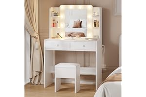 Haewon White Vanity Desk with Mirror and Lights, Makeup Vanity with 10 LED Bulbs and 3 Color Modes, Dressing Table Set with Power Outlets, Storage Drawers and Chair for Bedroom