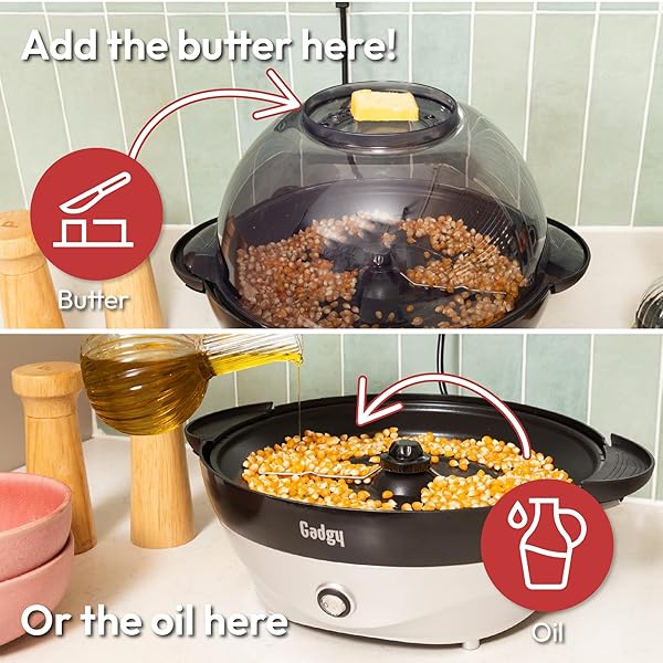 GADGY POPCORN MACHINE – 800W ELECTRIC HOT OIL POPCORN MAKER WITH NON-STICK PLATE, LID & STIRRER – LARGE 24-CUP POPPER FOR HOME, PARTIES, MOVIE NIGHT – BUTTER, SUGAR & SPICE COMPATIBLE