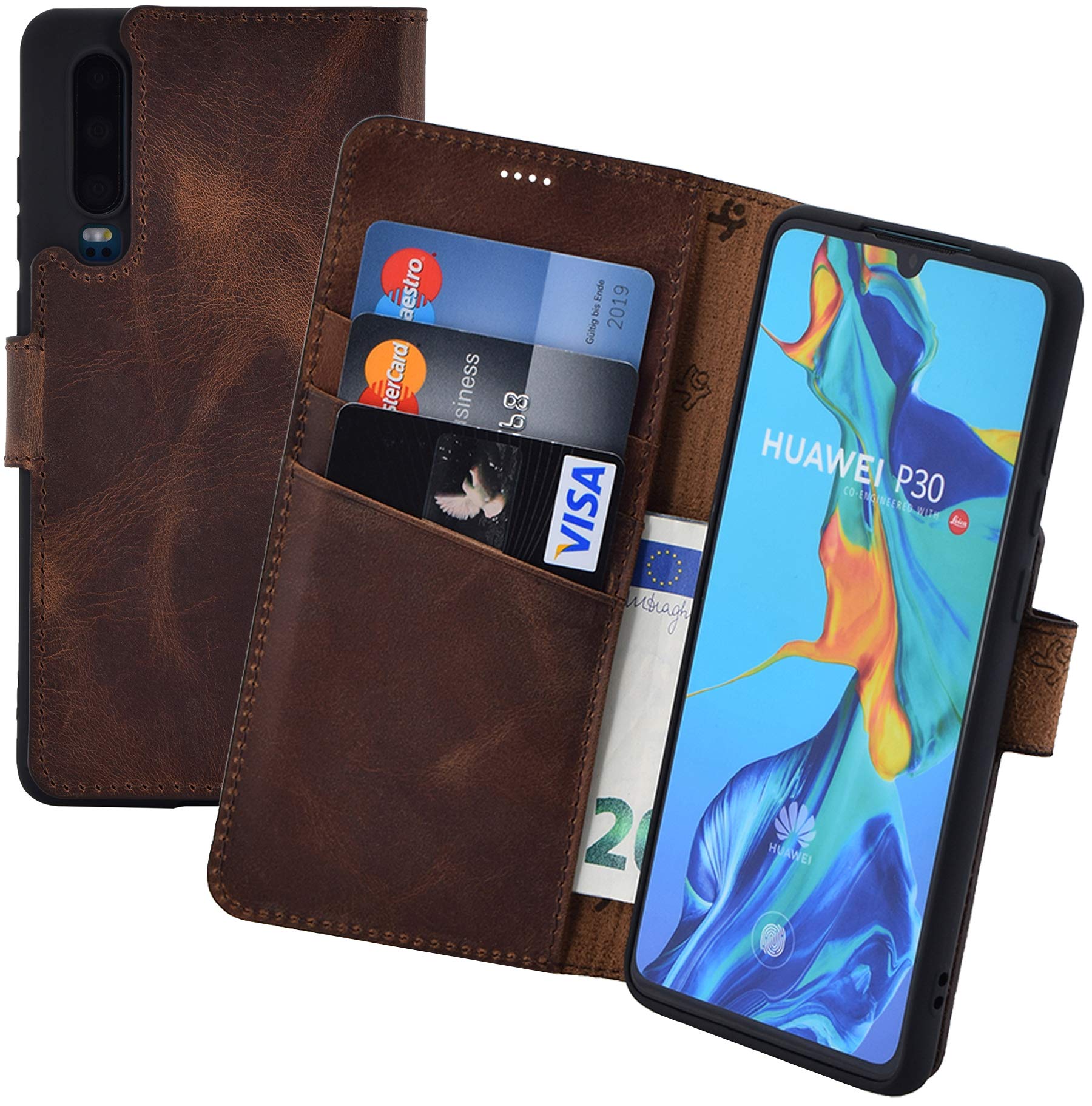 Suncase Book-Style compatible with Huawei P30 Case (Slim-Fit) Leather Case Cell Phone Case Protective Case (with stand function and card compartment - shatter-proof inner shell) in antique coffee