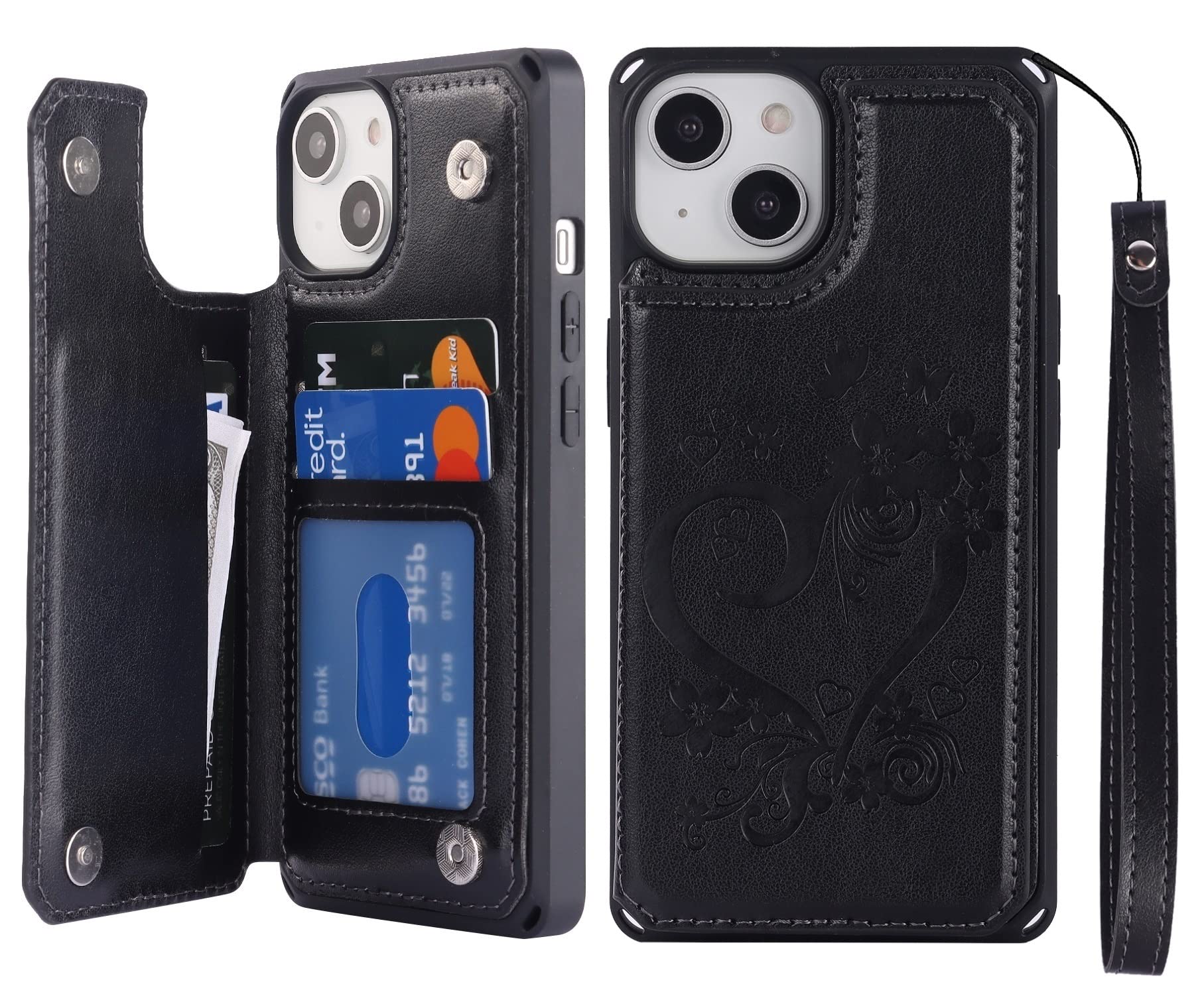 iCoverCase Compatible with iPhone 14 Wallet Phone Case with Card Holder for Women, RFID Blocking Embossed PU Leather Wrist Strap Case 6.1 Inch (Heart Black)