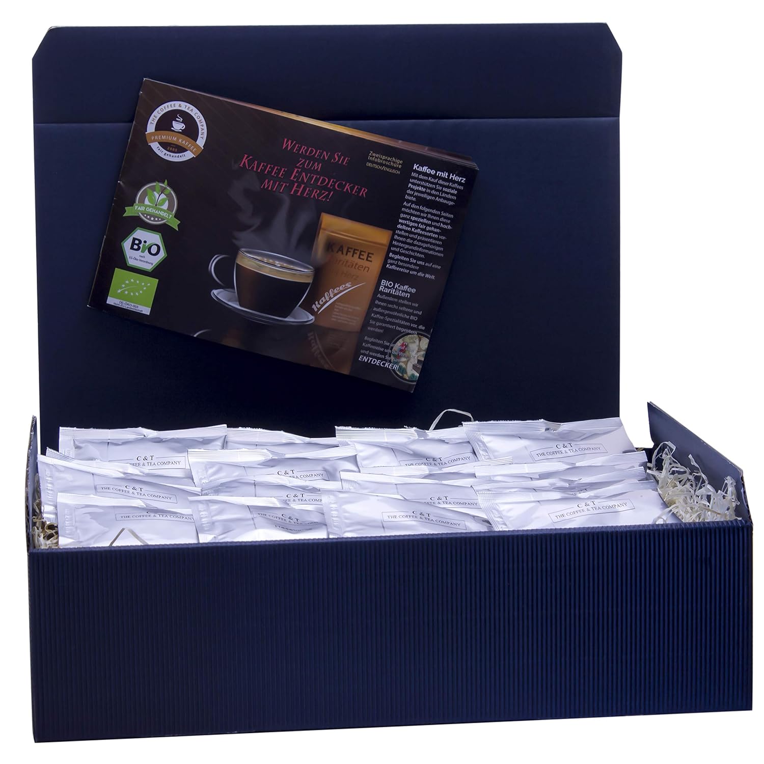 C&T Kaffee-Geschenkset Bio/Fair 24 Senseo-kompatible Kaffeepads 2019 mit 24 Biologischen, Raritäten- und Fair gehandelten Kaffees plus Überraschung | Weihnachts-geschenk | Geschenkbox