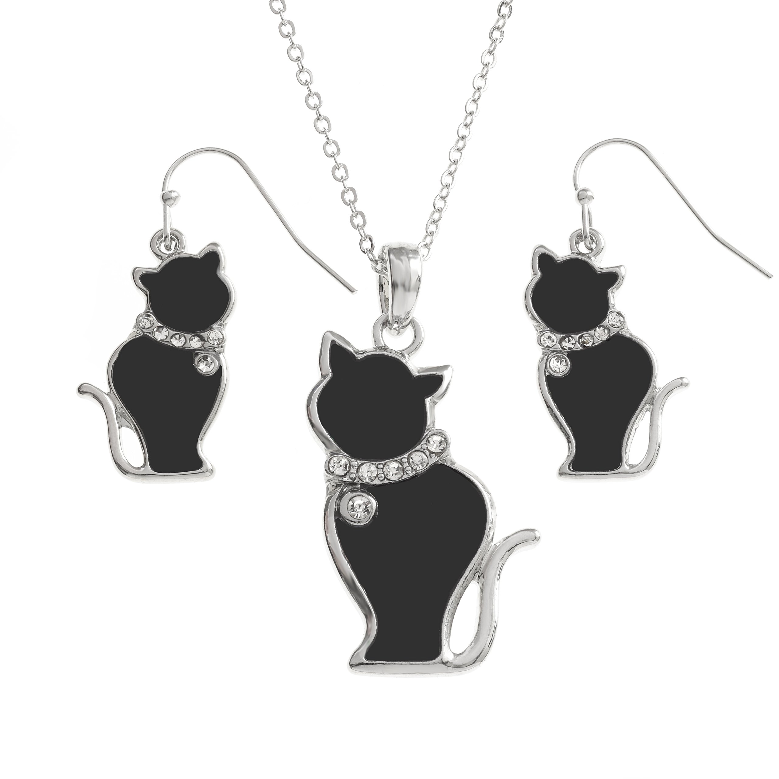 Kiara Jewellery Cat Boxed Set of Pendant Inlaid With Black Enamel with glass stones inset collar on 18" Trace Chain Together With Matching Hypoallergenic Rhodium plated Earrings.